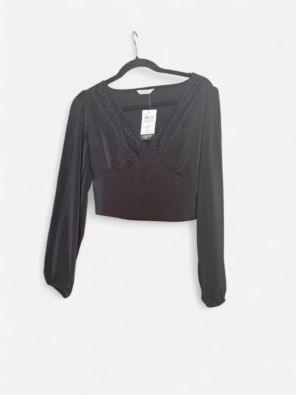 Lace-Trim Black V-Neck Button-Front Crop Blouse
